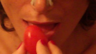 BLINDFOLDED WOMAN WITH NOSE PLUGGED SUCK a TOMATO